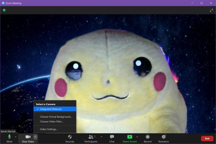 Zoom Meeting Interface showing a big Pikachu.