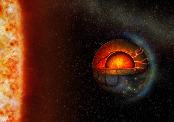 This artist’s illustration represents the possible interior dynamics of the super-Earth exoplanet LHS 3844b. The planet's interior properties and the strong stellar irradiation might lead to a hemispheric tectonic regime.