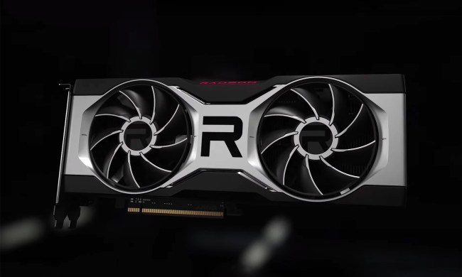 An AMD Radeon RX 6700 XT graphics card placed in front of a black background.