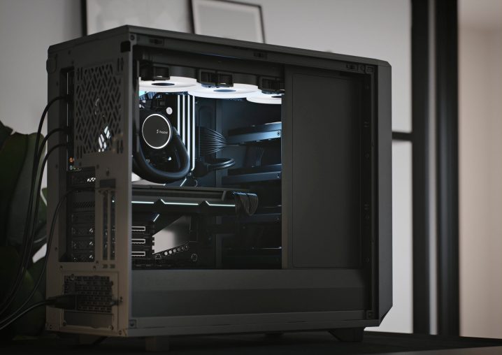 A gaming PC sitting on a desk.