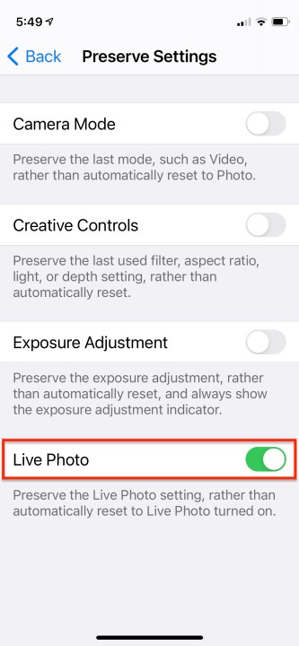 how to turn off live photos camset3