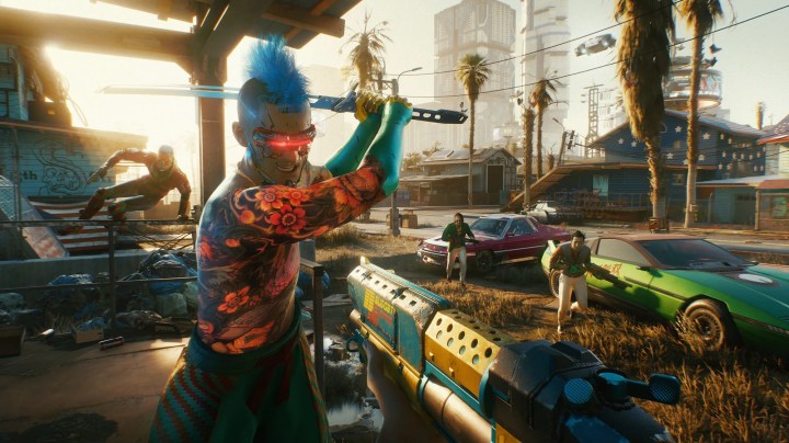 An enemy swings a sword at the main character of Cyberpunk 2077.