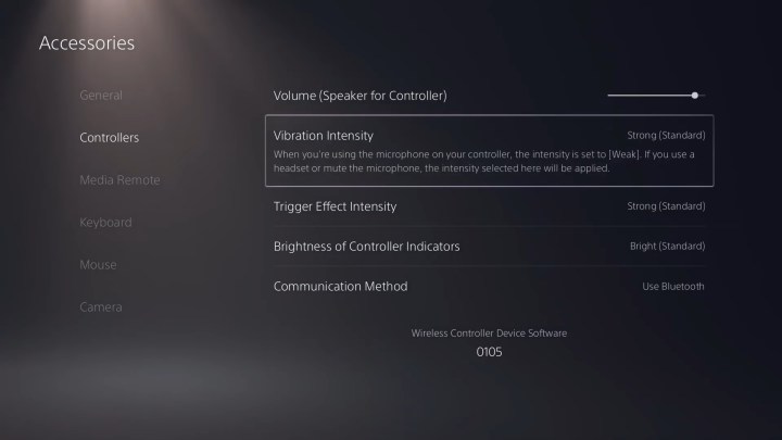 O menu de configurações do DualSense no PS5.