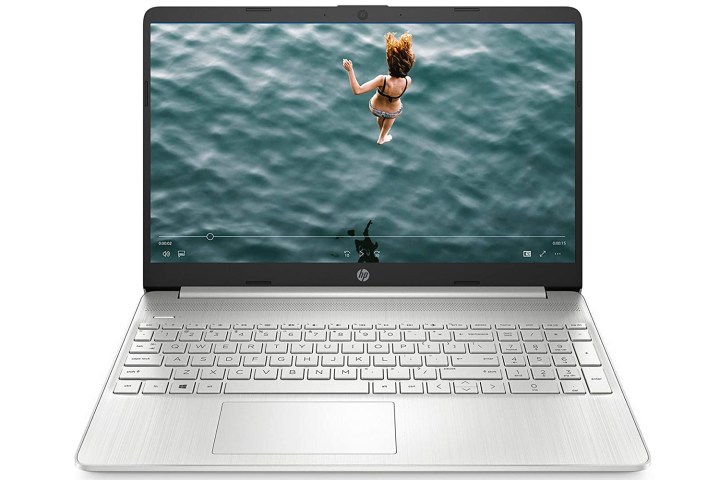 The HP 15.6-inch laptop with an image of the ocean on the screen.