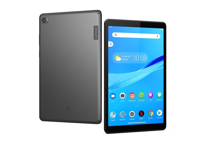 The Lenovo Tab M8 tablet, viewed from the front and back.
