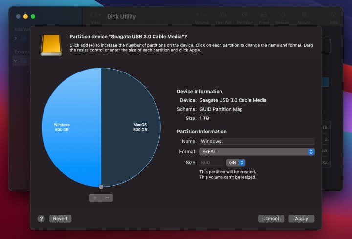 The Drive Divide Partition screen in MacOS Big Sur.