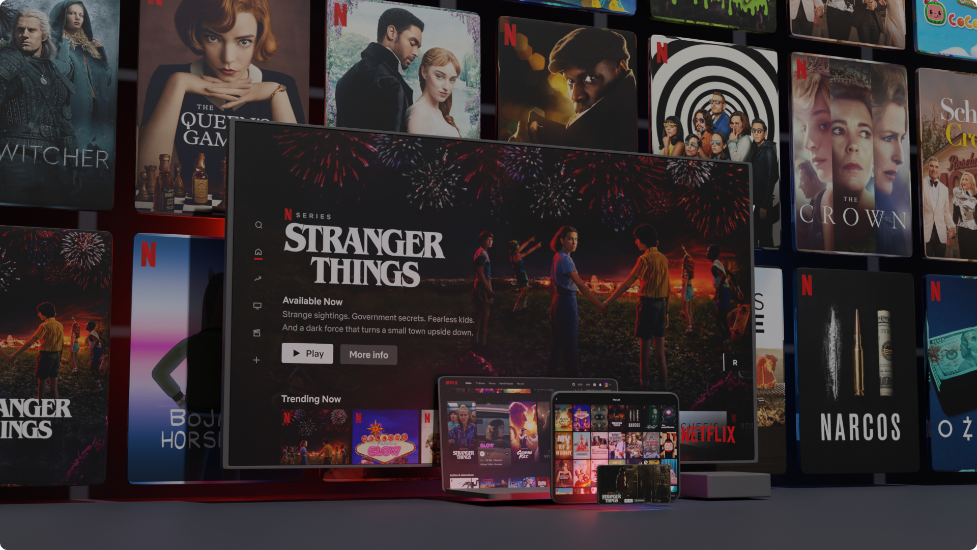 Netflix graphic with three screens.