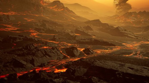 Artistic impression of the surface of the newly discovered hot super-Earth Gliese 486b. With a temperature of about 700 Kelvin (430 °C), the astronomers of the CARMENES collaboration expect a Venus-like hot and dry landscape interspersed with glowing lava rivers. Gliese 486b possible has a tenuous atmosphere.