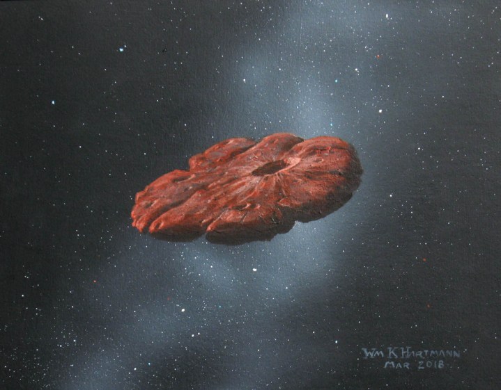This painting by William K. Hartmann, who is a senior scientist emeritus at the Planetary Science Institute in Tucson, Arizona, is based on a commission from Michael Belton and shows a concept of the ‘Oumuamua object as a pancake-shaped disk