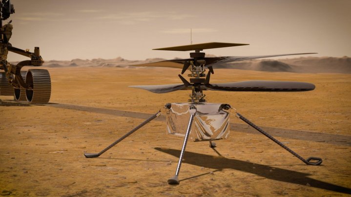 In this illustration, NASA's Ingenuity Mars Helicopter stands on the Red Planet's surface as NASA's Perseverance rover (partially visible on the left) rolls away. Ingenuity arrived at Mars on Feb. 18, 2021, attached to the belly of NASA’s Mars 2020 Perseverance rover.