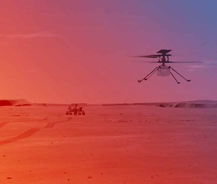 An illustration of NASA’s Ingenuity Helicopter flying on Mars