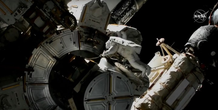 Glover and Hopkins working outside the ISS during their spacewalk on March 13, 2021