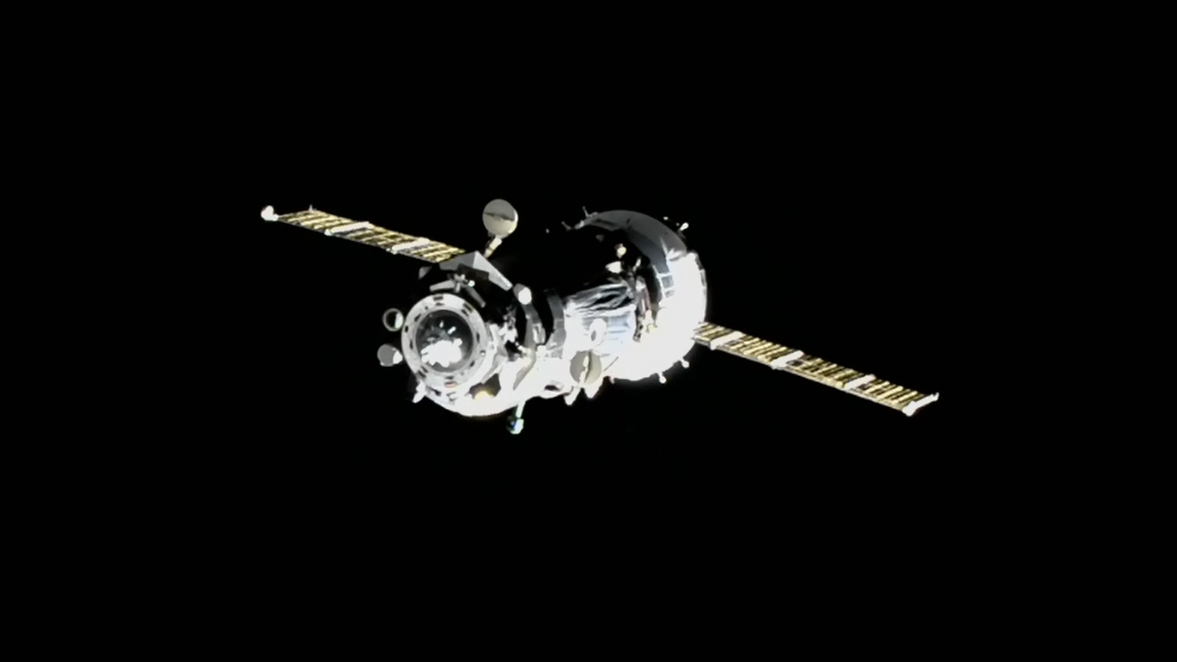 The Soyuz MS-17 crew ship, with three Expedition 64 crew members inside, is pictured after undocking from the Rassvet module beginning its short trip to the Poisk module.