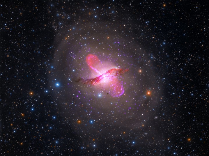 Centaurus A sports a warped central disk of gas and dust, which is evidence of a past collision and merger with another galaxy. It also has an active galactic nucleus that periodically emits jets. It is the fifth brightest galaxy in the sky and only about 13 million light-years away from Earth, making it an ideal target to study an active galactic nucleus – a supermassive black hole emitting jets and winds – with NASA's upcoming James Webb Space Telescope.