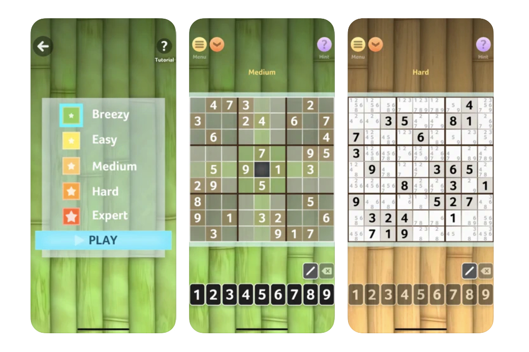 Sudoku by Brainium Studios with a bamboo background.