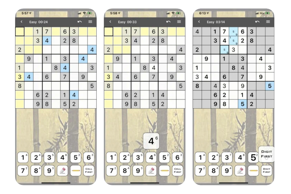 Sudoku by genina.com displays a grid against a nature-themed background.