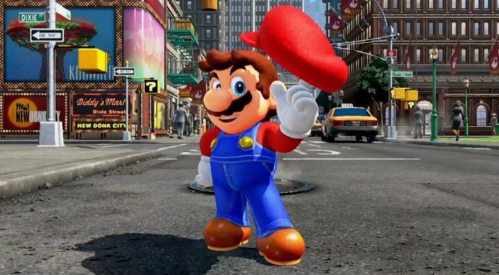 Mario twirls his cap in front of New Donk City in Super Mario Odyssey.