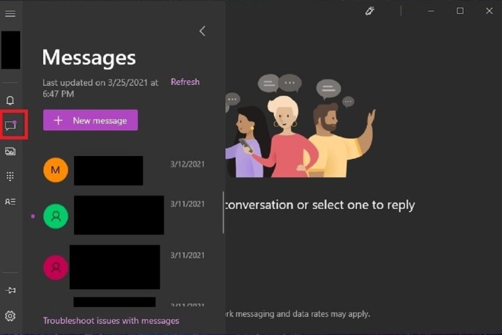 Messages screen on Windows 10 Your Phone app.