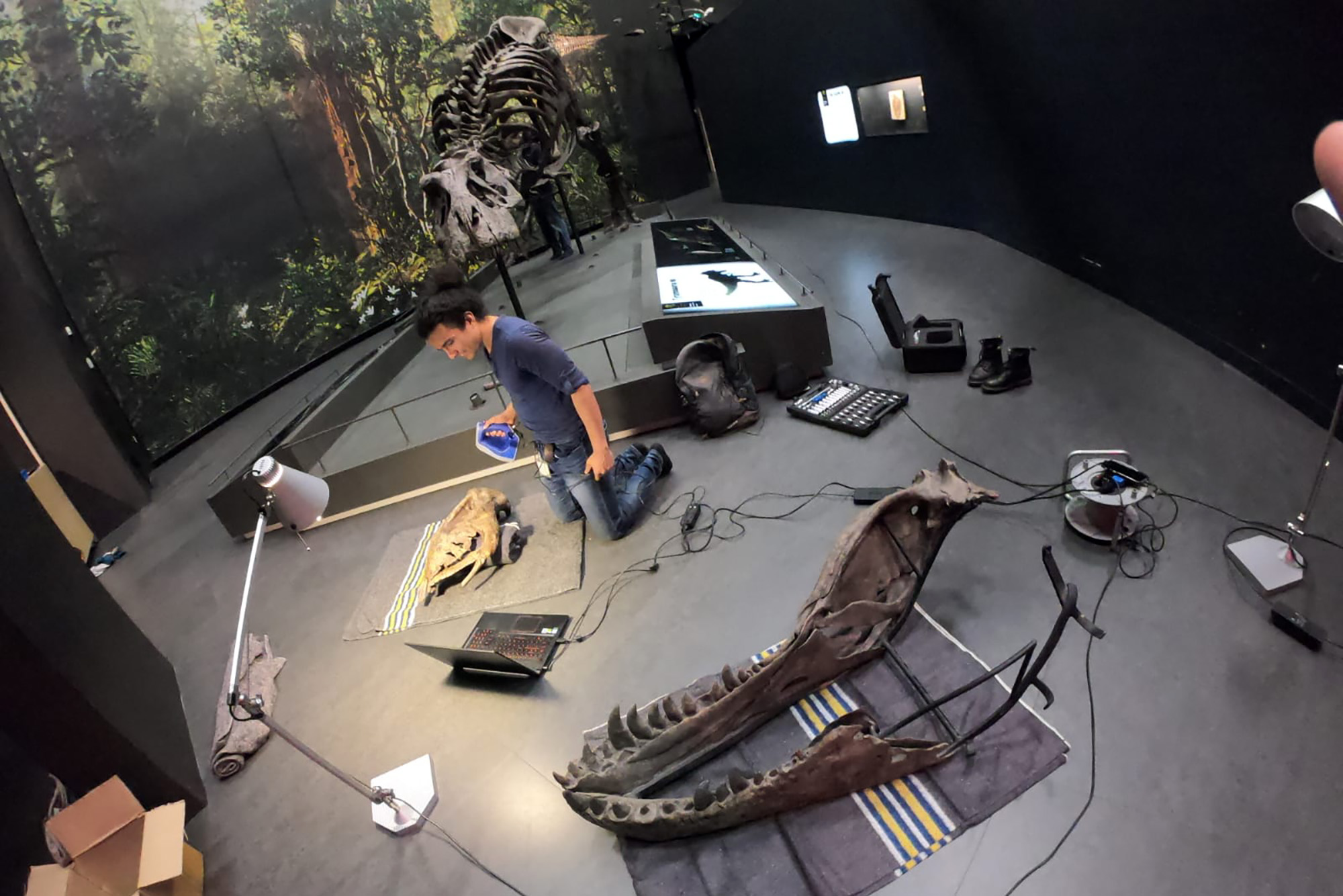 man assembling a 3D printed tyrannosaurus rex