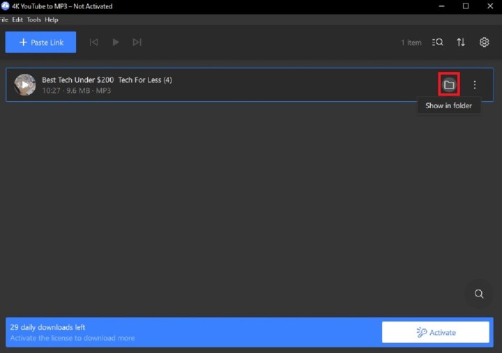 Wählen Sie das Symbol „Im Ordner anzeigen“ in der 4K-YouTube-zu-MP3-Desktop-App aus.