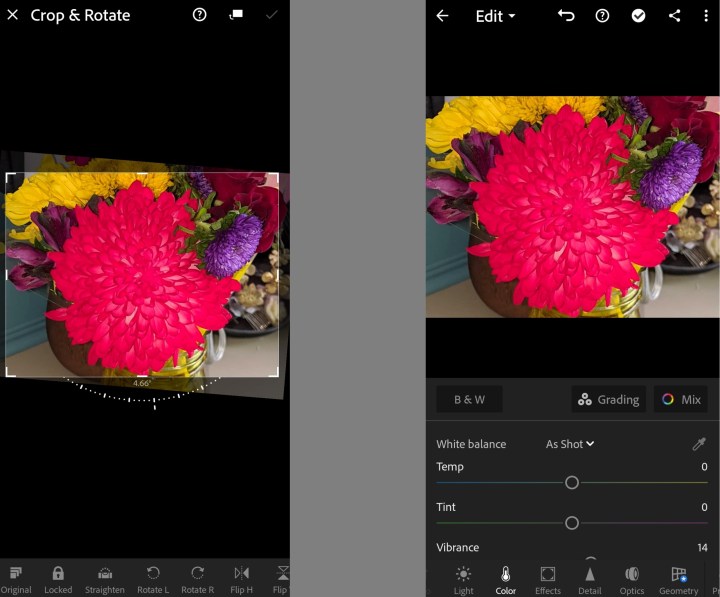 Deux captures d'écran de l'application Adobe Android Lightroom montrant les fonctionnalités de recadrage, de rotation et d'autres fonctionnalités d'édition de l'application.