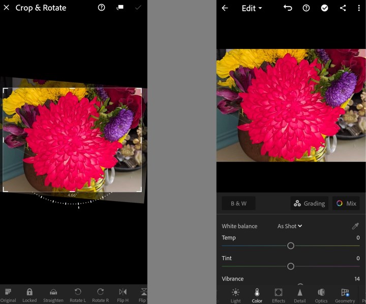 Duas capturas de tela do aplicativo Adobe Android Lightroom mostrando os recursos de corte, rotação e outros recursos de edição do aplicativo.