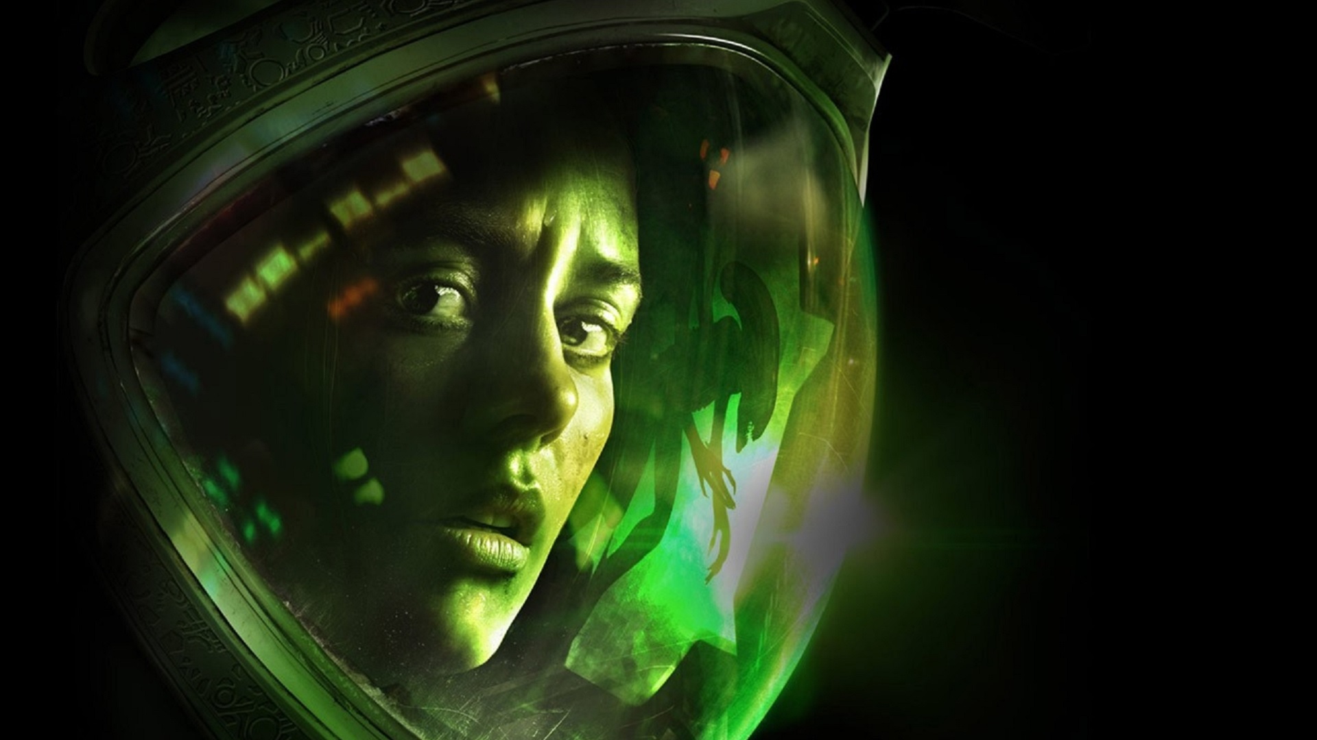 Uma astronauta olhando para a direita com uma expressão assustada no jogo Alien: Isolation.