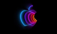A stylized Apple logo on a black background for Apple's Peek Performance event on March 8, 2022.