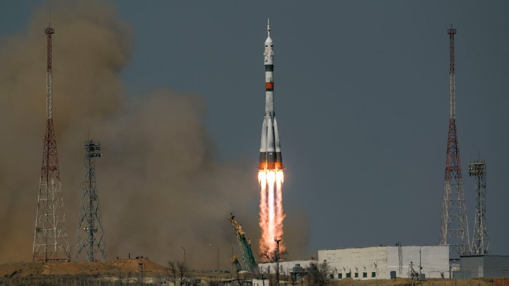The Soyuz MS-18 rocket blasts off from the Baikonur Cosmodrome in Kazakhstan carrying three Expedition 65 crew members to the space station.