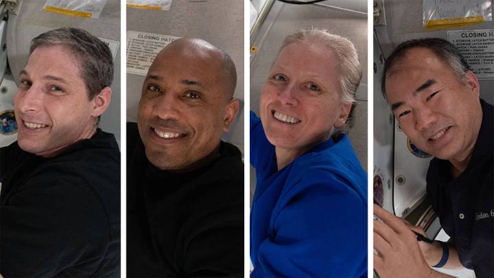 Clockwise from bottom right are Expedition 64 Flight Engineers and SpaceX Crew-1 members Michael Hopkins, Victor Glover, Shannon Walker and Soichi Noguchi.