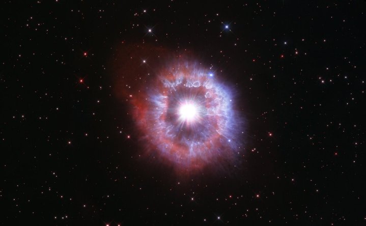 In celebration of the 31st anniversary of the launch of the NASA/ESA Hubble Space Telescope, astronomers aimed the celebrated observatory at one of the brightest stars seen in our galaxy to capture its beauty. The giant star featured in this latest Hubble Space Telescope anniversary image is waging a tug-of-war between gravity and radiation to avoid self-destruction. The star, called AG Carinae, is surrounded by an expanding shell of gas and dust. The nebula is about five light-years wide, which equals the distance from here to our nearest star, Alpha Centauri.