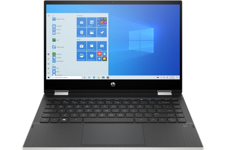 HP Envy x360 Convertible laptop open on a white background.