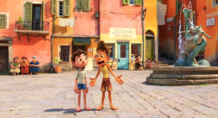 Luca and Alberto in the street in Pixar's Luca film.