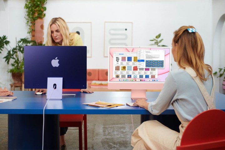 Two people use iMacs on a desk in an office.