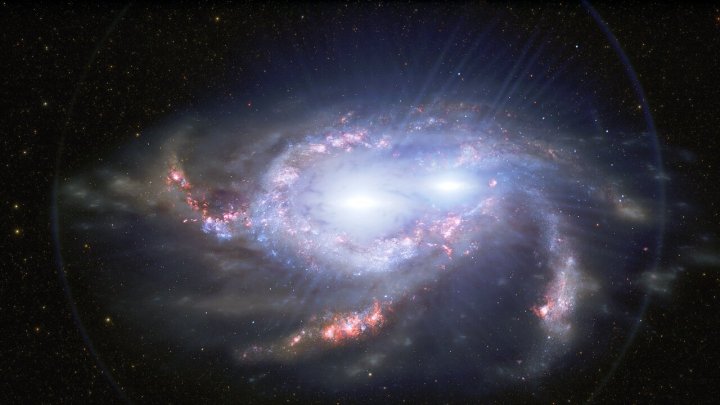 Astronomers have discovered two pairs of quasars in the distant Universe, about 10 billion light-years from Earth. In each pair, the two quasars are separated by only about 10,000 light-years, making them closer together than any other double quasars found so far away. The proximity of the quasars in each pair suggests that they are located within two merging galaxies. Quasars are the intensely bright cores of distant galaxies, powered by the feeding frenzies of supermassive black holes. One of the distant double quasars is depicted in this illustration.
