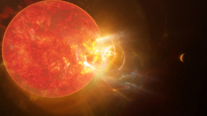 Artist's conception of the violent stellar flare from Proxima Centauri discovered by scientists in 2019 using nine telescopes across the electromagnetic spectrum, including the Atacama Large Millimeter/submillimeter Array (ALMA). Powerful flares eject from Proxima Centauri with regularity, impacting the star's planets almost daily.