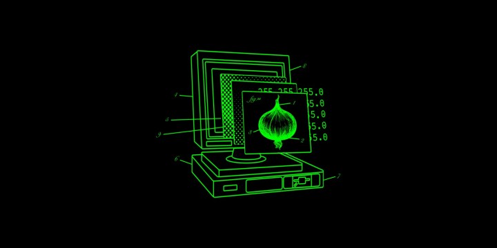 Black and green drawing of a computer and an onion.
