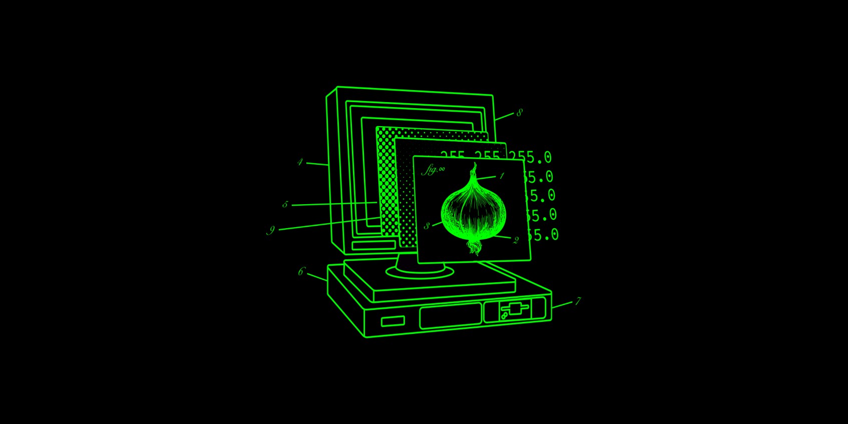Black and green drawing of a computer and an onion.