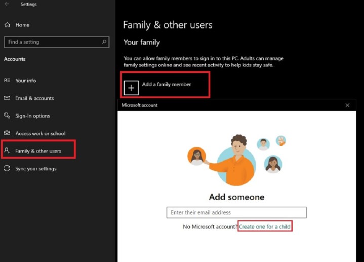 Windows 10 add a child's account settings screenshot