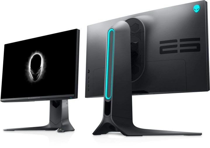 The front and rear views of an Alienware 25 gaming monitor are shown side by side. 
