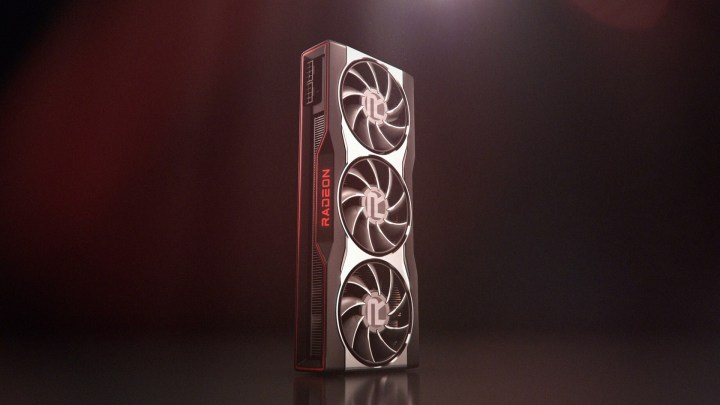 An AMD Radeon RX 6000-Series graphics card in front of a black and red background.