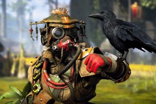 Bloodhound stands with their crow Artur in Apex Legends.