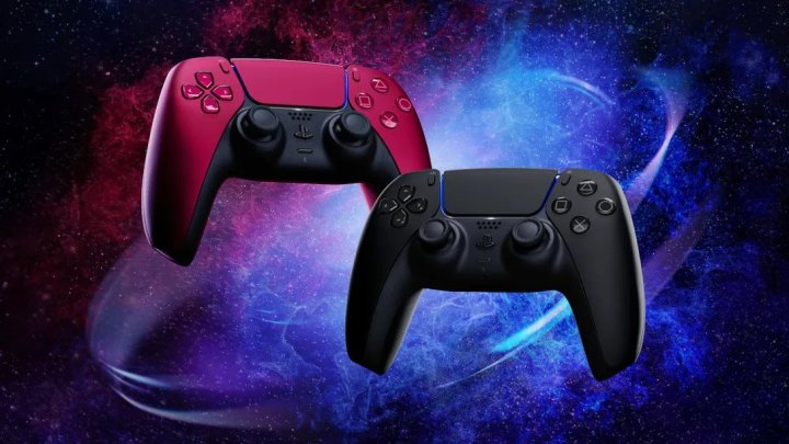 New red and black PS5 DualSense controllers.