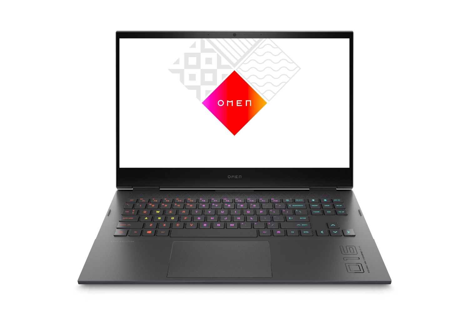 O laptop para jogos HP Omen de 16,1 polegadas com o logotipo Omen na tela.