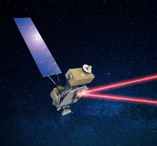 Illustration of the U.S. Department of Defense's Space Test Program Satellite-6 (STPSat-6) with the Laser Communications Relay Demonstration (LCRD) payload communicating data over infrared links.