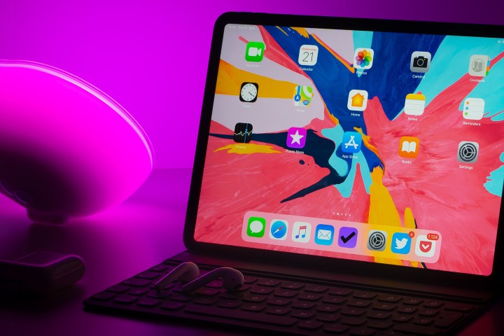 A close look of the iPad Pro connected to a keyboard.
