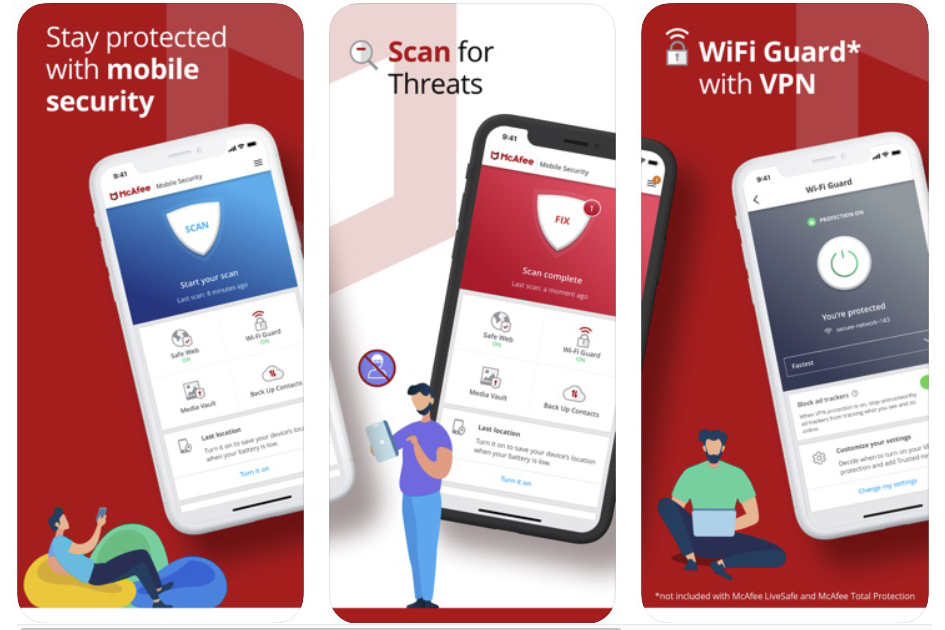 Images of McAfee antivirus protection highlighting the mobile security feature, WiFI Guard with VPN and how it can scan for threats.