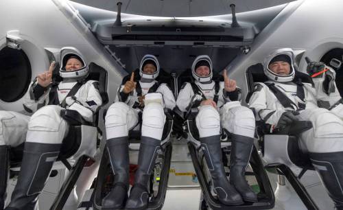 NASA astronauts Shannon Walker, left, Victor Glover, Mike Hopkins, and Japan Aerospace Exploration Agency (JAXA) astronaut Soichi Noguchi, right are seen inside the SpaceX Crew Dragon Resilience spacecraft onboard the SpaceX GO Navigator recovery ship shortly after landing in the Gulf of Mexico off the coast of Panama City, Florida, at 2:56 a.m. EDT May 2, 2021.
