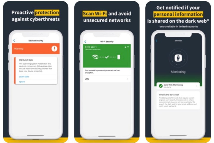 Norton Antivirus sui dispositivi mobili mostra come offre protezione contro le minacce informatiche, esegue la scansione del Wi-Fi per evitare reti non protette e discute della sua protezione dal Dark Web.