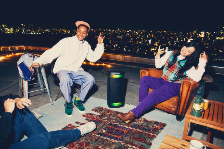 The Sony SRS-XP500 portable Bluetooth speaker on the rooftop.